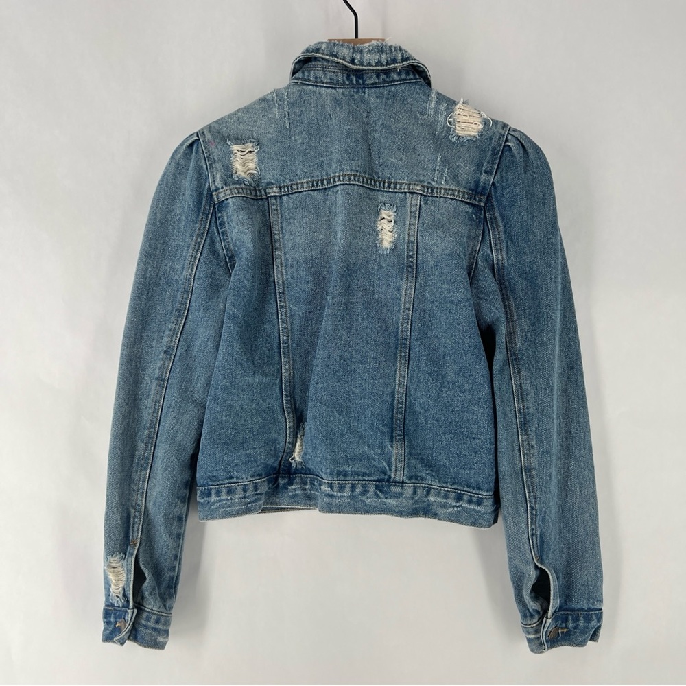 Moon River Light Blue Denim‎ Ripped Distressed Puff Shoulder Jean Jacket Size S - Picture 10 of 16